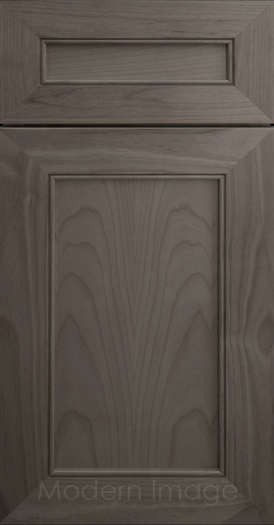 Highland Pewter-stained Shaker kitchen cabinet door with wide rails and a flat center panel.
